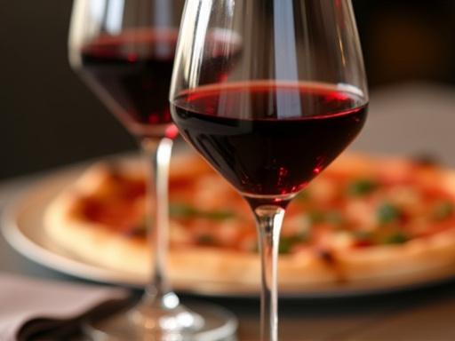 Un calice di vino rosso accanto a una pizza gourmet