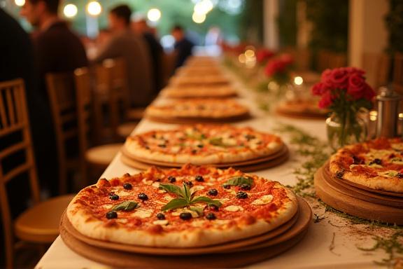 Tavola imbandita durante un evento di catering con pizze