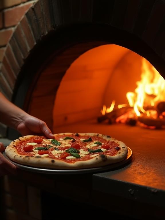Pizzaiolo che inforna una pizza nel forno a legna