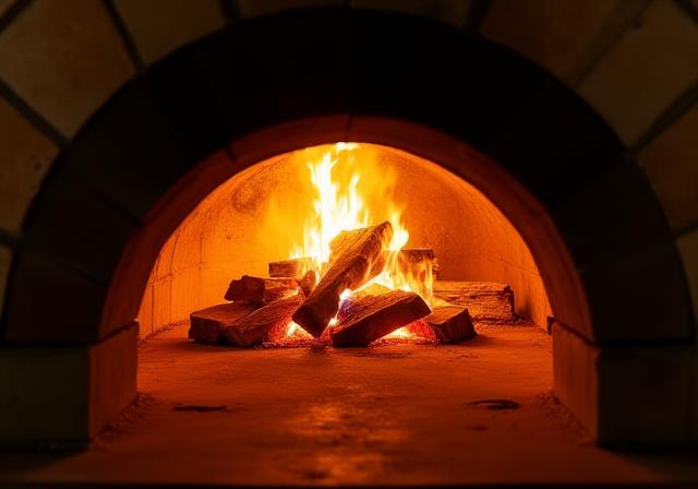 Forno a legna acceso e accogliente in pizzeria