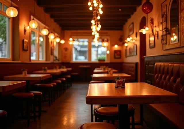 Interno accogliente della pizzeria con tavoli in legno