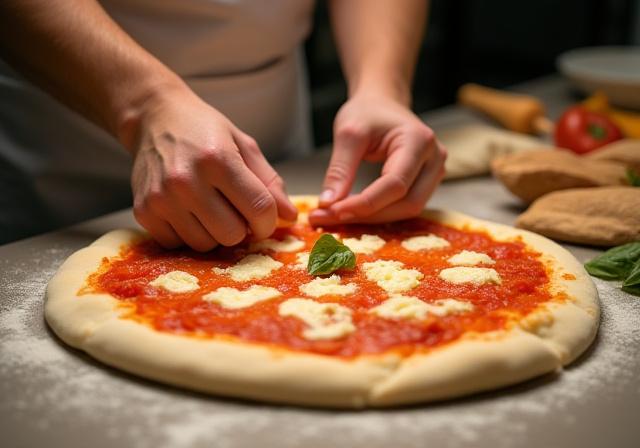 Le mani di un pizzaiolo che condisce una pizza